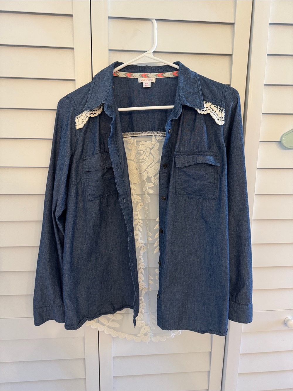 Xhilaration Dark Blue Denim Shirt with Lace Accents